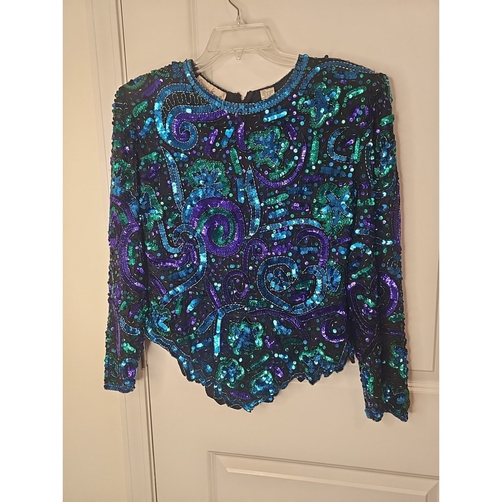 Vintage 1980s Laurence Kazar‎ Beaded Sequin Top Size PL Blue/Purple/Green